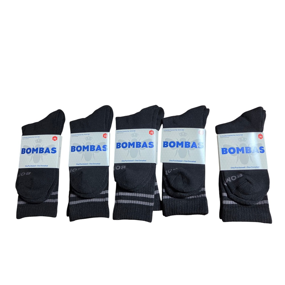 Lot of 5 Bombas Black Crew Socks Mens M Honeycomb Arch Support Antimicrobial NWT